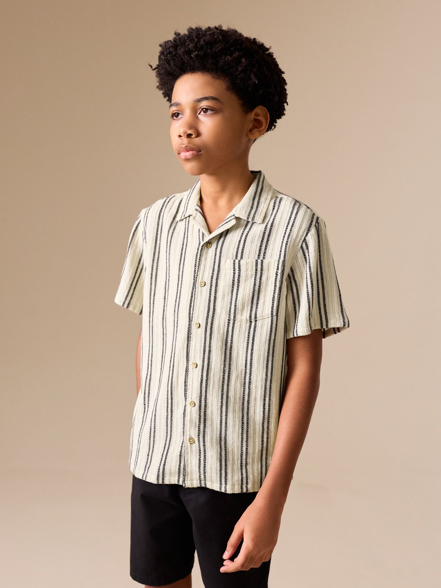 Dsiney Kidz - Black/Cream Short Sleeve Textured Stripe Revere Shirt (3-16yrs) image 1