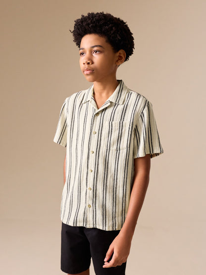 Dsiney Kidz - Black/Cream Short Sleeve Textured Stripe Revere Shirt (3-16yrs) image 1