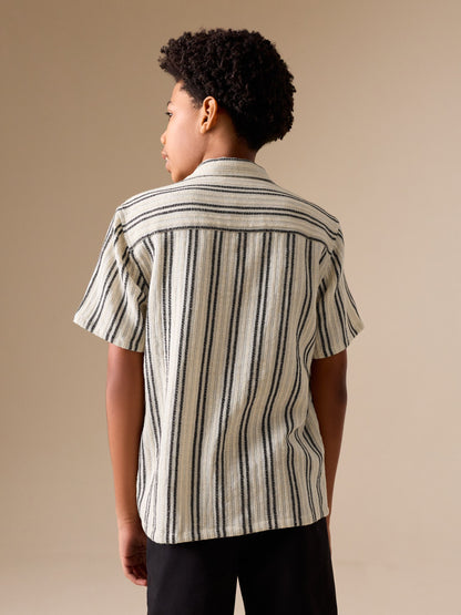 Dsiney Kidz - Black/Cream Short Sleeve Textured Stripe Revere Shirt (3-16yrs) image 2