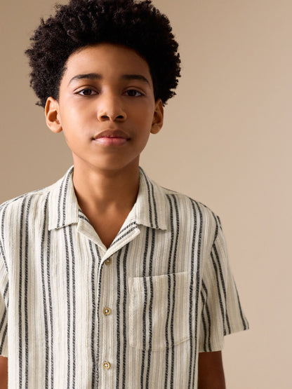Dsiney Kidz - Black/Cream Short Sleeve Textured Stripe Revere Shirt (3-16yrs) image 3