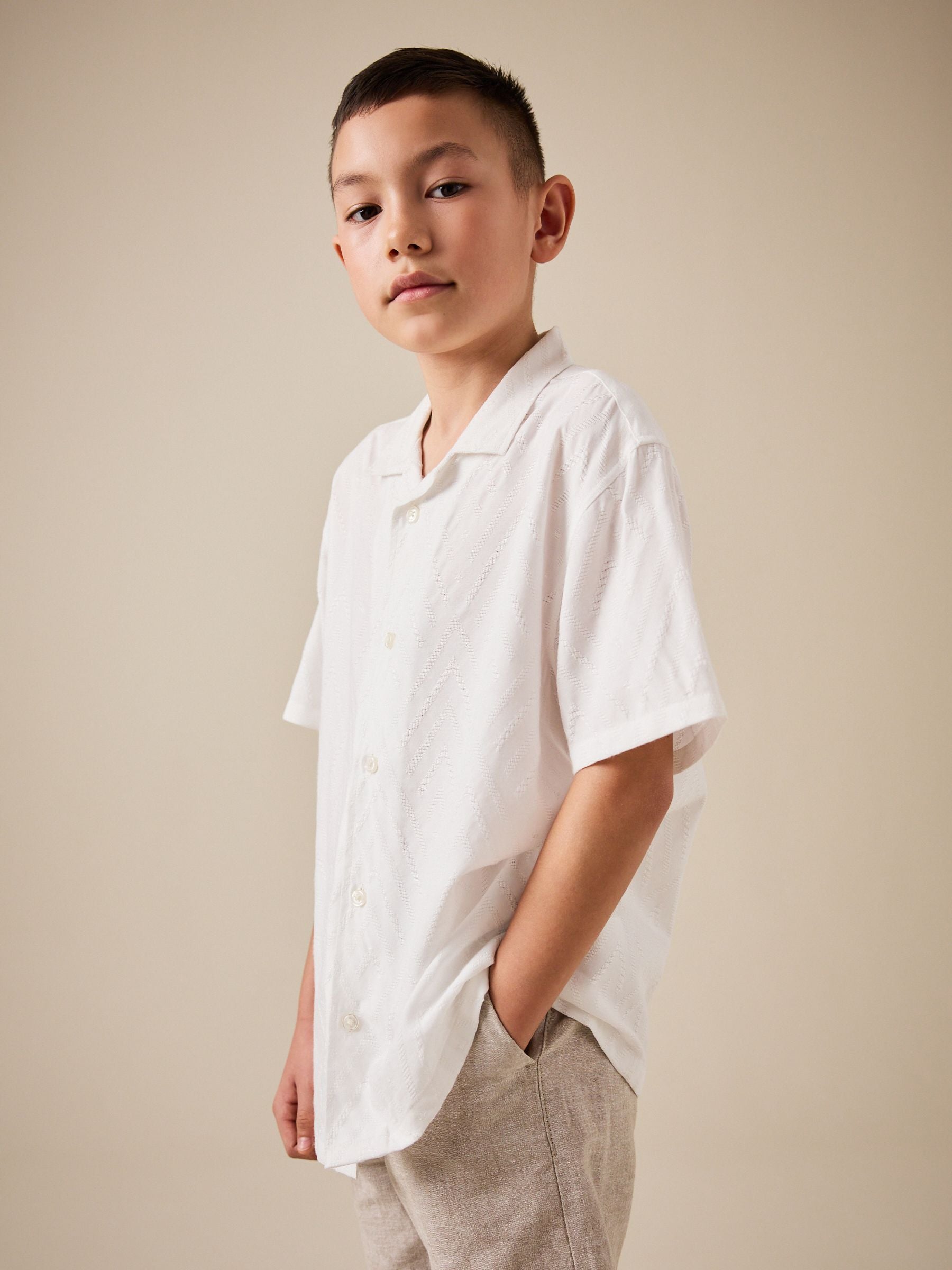 Dsiney Kidz - White Textured Short Sleeve Revere Collar Textured Shirt (3-16yrs) image 1