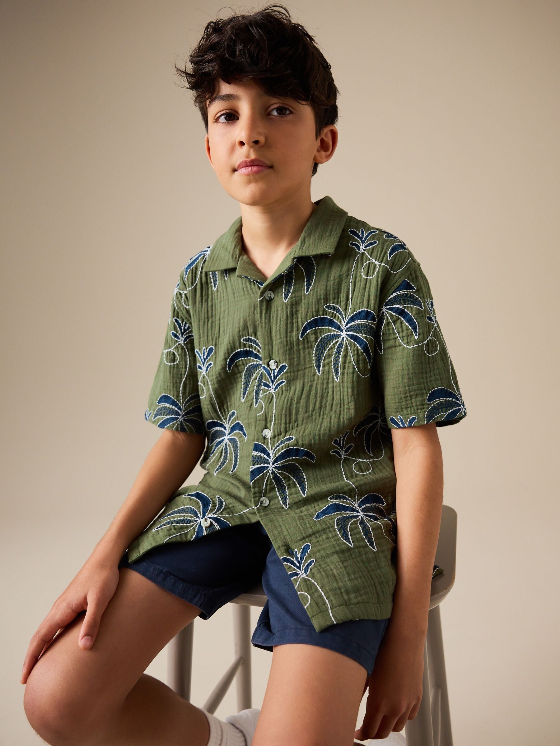 Dsiney Kidz - Khaki Green All Over Embroidery Short Sleeve Revere Collar Shirt (3-16yrs) image 1