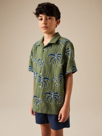 Dsiney Kidz - Khaki Green All Over Embroidery Short Sleeve Revere Collar Shirt (3-16yrs) image 2