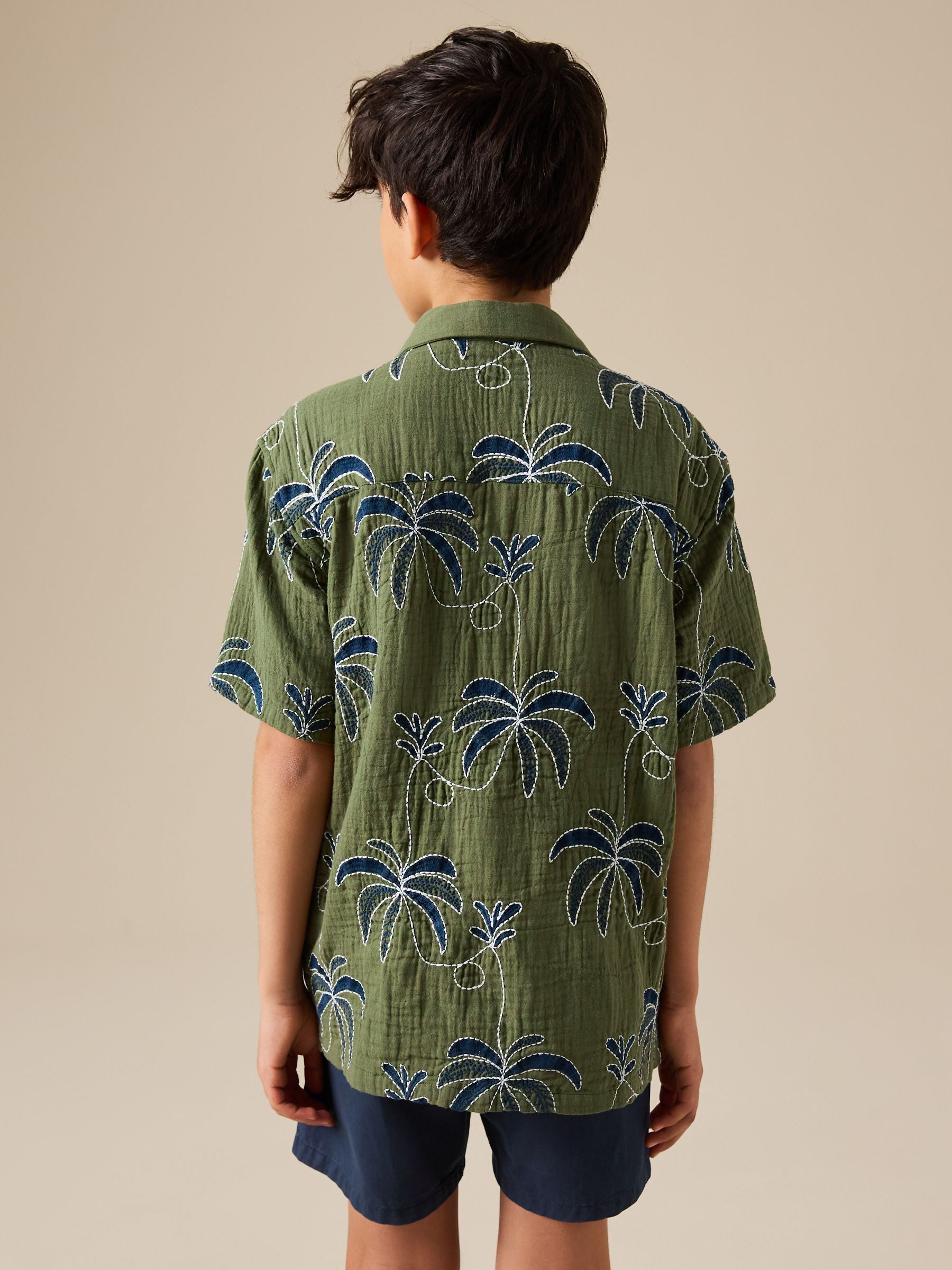 Dsiney Kidz - Khaki Green All Over Embroidery Short Sleeve Revere Collar Shirt (3-16yrs) image 3