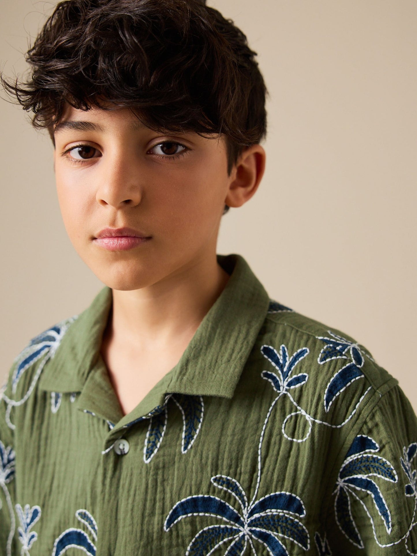 Dsiney Kidz - Khaki Green All Over Embroidery Short Sleeve Revere Collar Shirt (3-16yrs) image 4