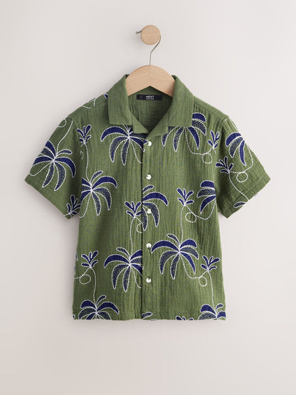 Dsiney Kidz - Khaki Green All Over Embroidery Short Sleeve Revere Collar Shirt (3-16yrs) image 5