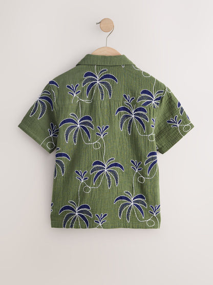 Dsiney Kidz - Khaki Green All Over Embroidery Short Sleeve Revere Collar Shirt (3-16yrs) image 6