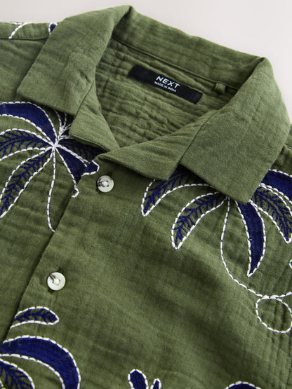 Dsiney Kidz - Khaki Green All Over Embroidery Short Sleeve Revere Collar Shirt (3-16yrs) image 7