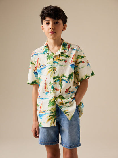 Dsiney Kidz - Ecru Boat All Over Print Short Sleeve Revere Collar Shirt (3-16yrs) image 1