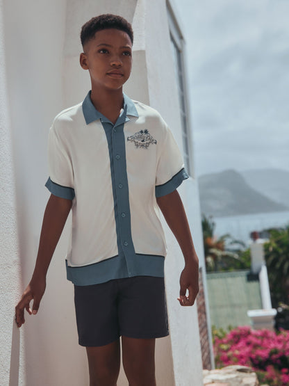 Dsiney Kidz - White/Blue Palm Border Short Sleeve Revere Collar Shirt (3-16yrs) image 2