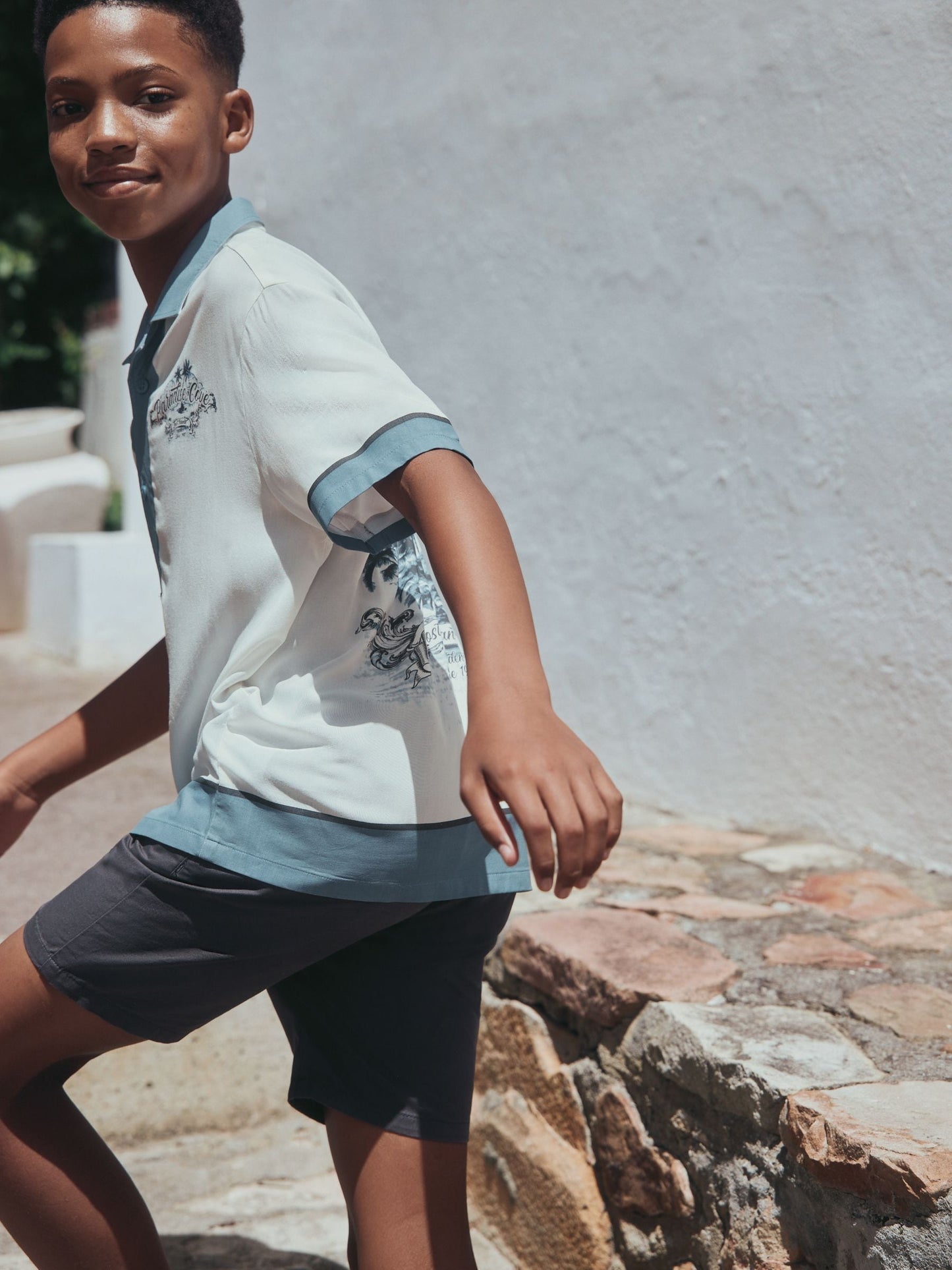 Dsiney Kidz - White/Blue Palm Border Short Sleeve Revere Collar Shirt (3-16yrs) image 3
