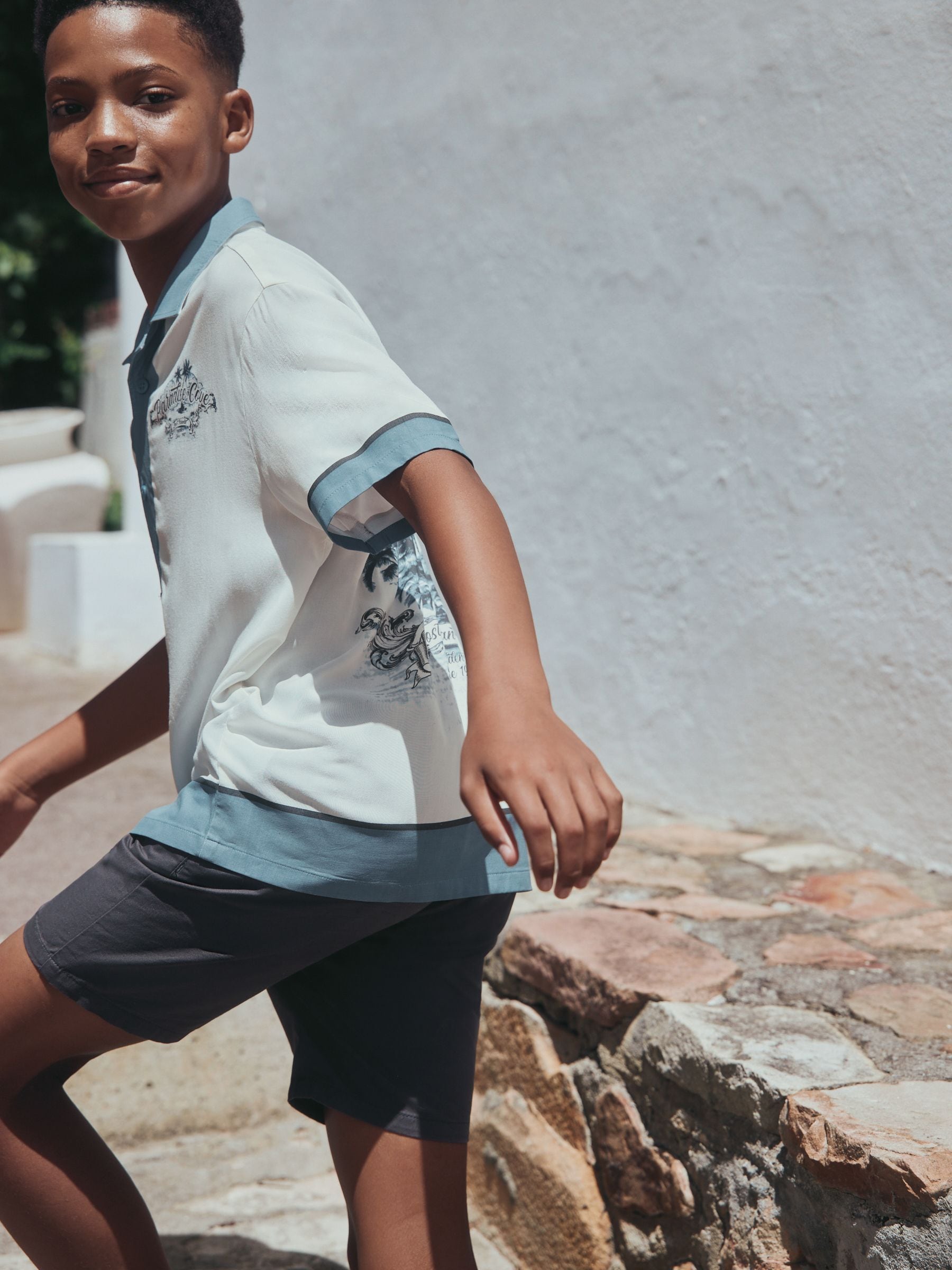Dsiney Kidz - White/Blue Palm Border Short Sleeve Revere Collar Shirt (3-16yrs) image 3