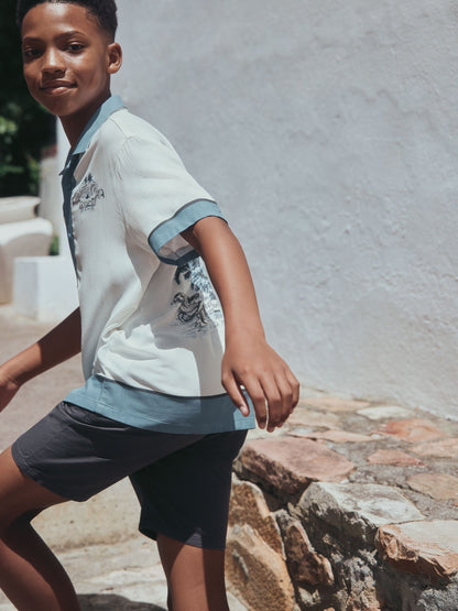 Dsiney Kidz - White/Blue Palm Border Short Sleeve Revere Collar Shirt (3-16yrs) image 3