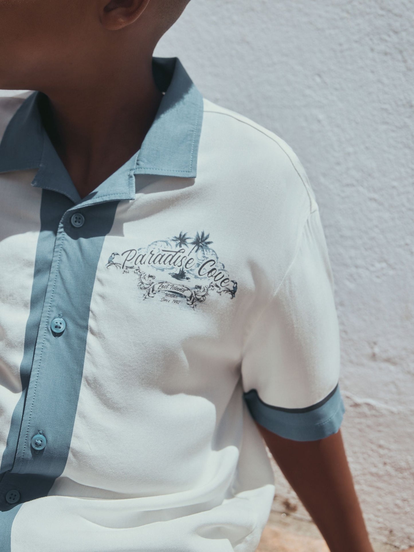 Dsiney Kidz - White/Blue Palm Border Short Sleeve Revere Collar Shirt (3-16yrs) image 4