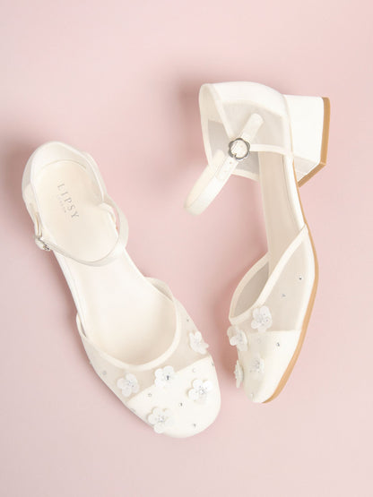 Lipsy White Sequin Floral Mesh Occasion Flower Girl Block Heeled Sandals image 1