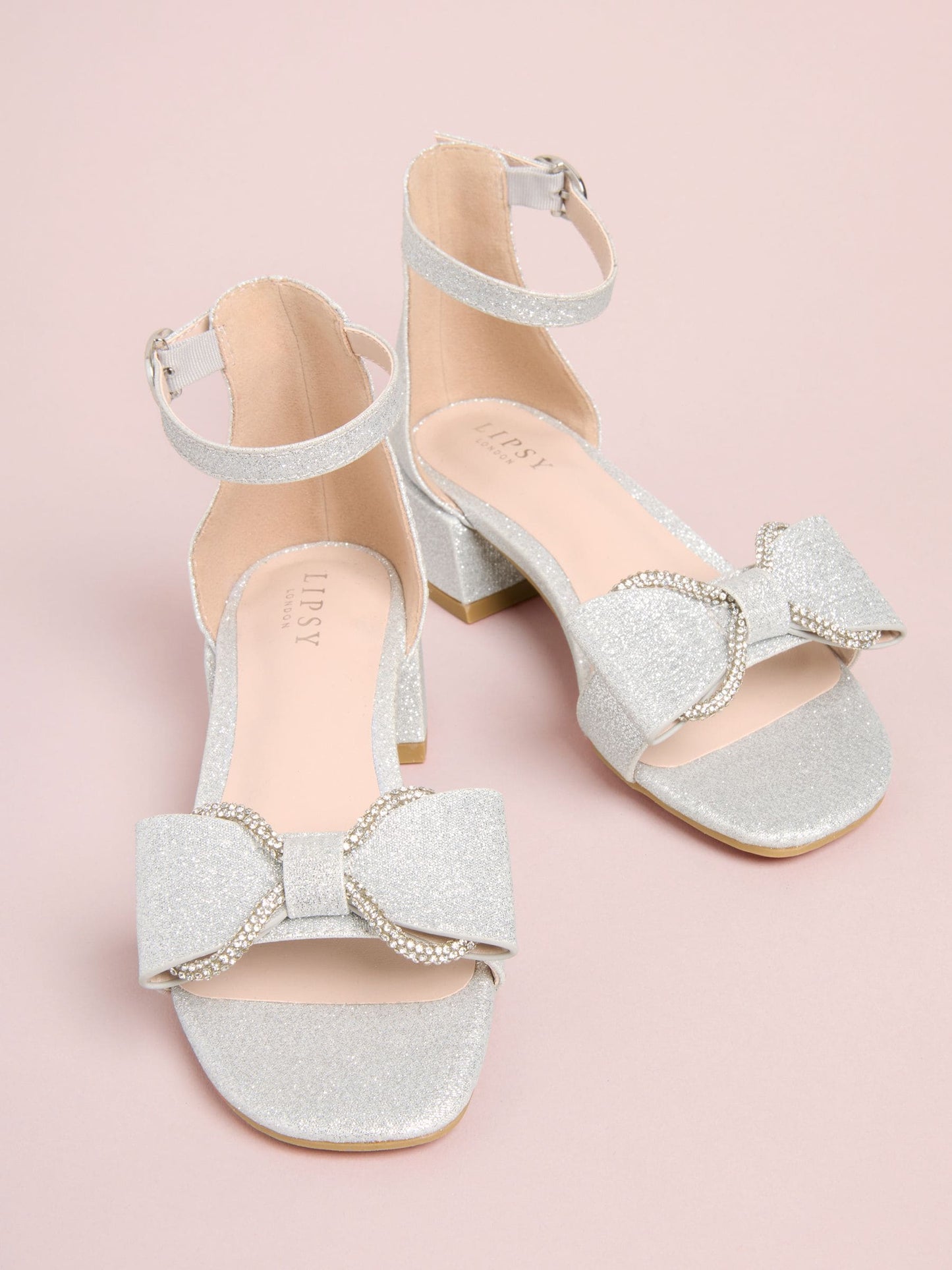 Lipsy Silver Standard Fit (F) Embellished Bow Occasion Flower Girl Block Heeled Sandals image 1