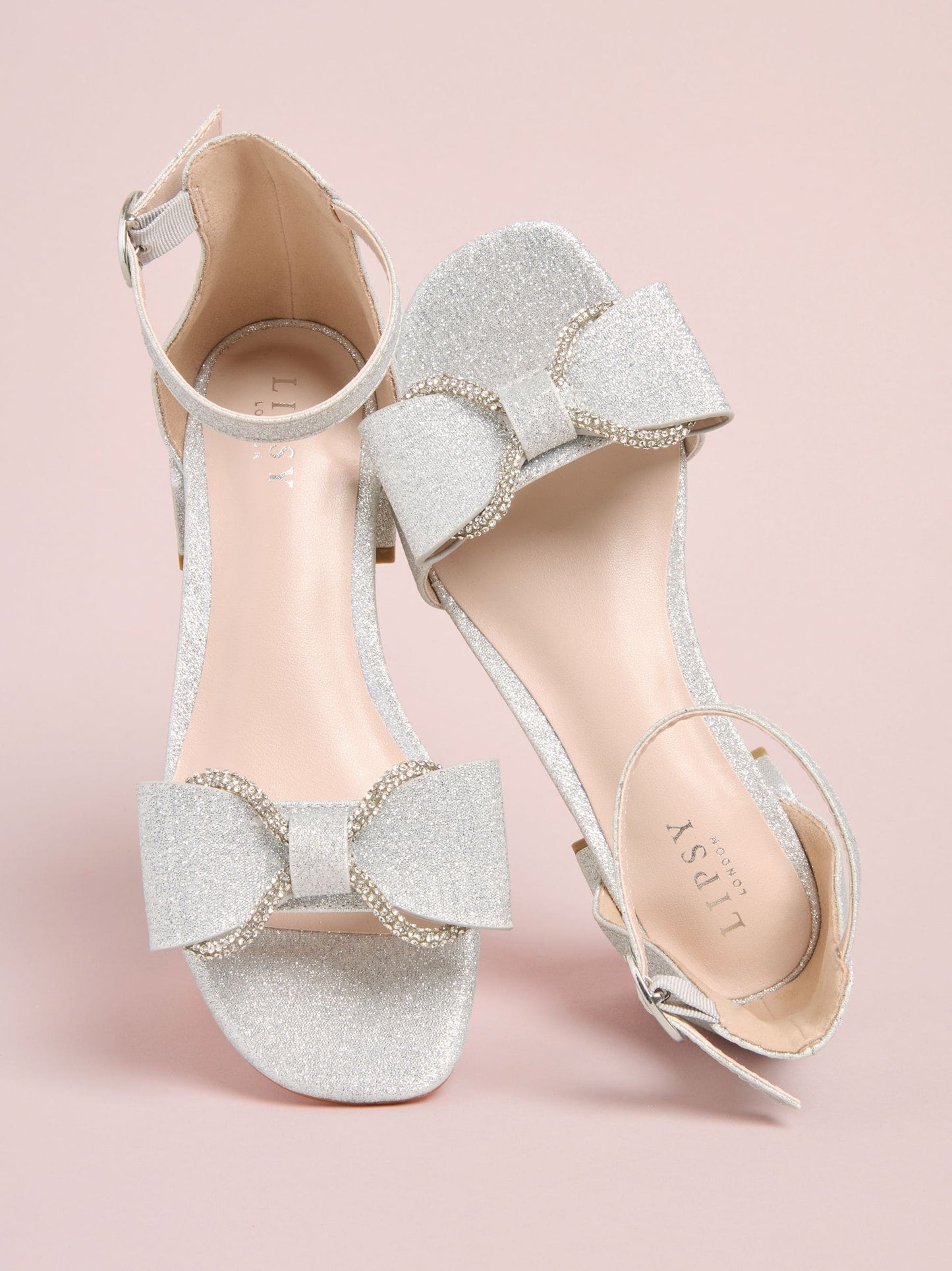Lipsy Silver Standard Fit (F) Embellished Bow Occasion Flower Girl Block Heeled Sandals image 2