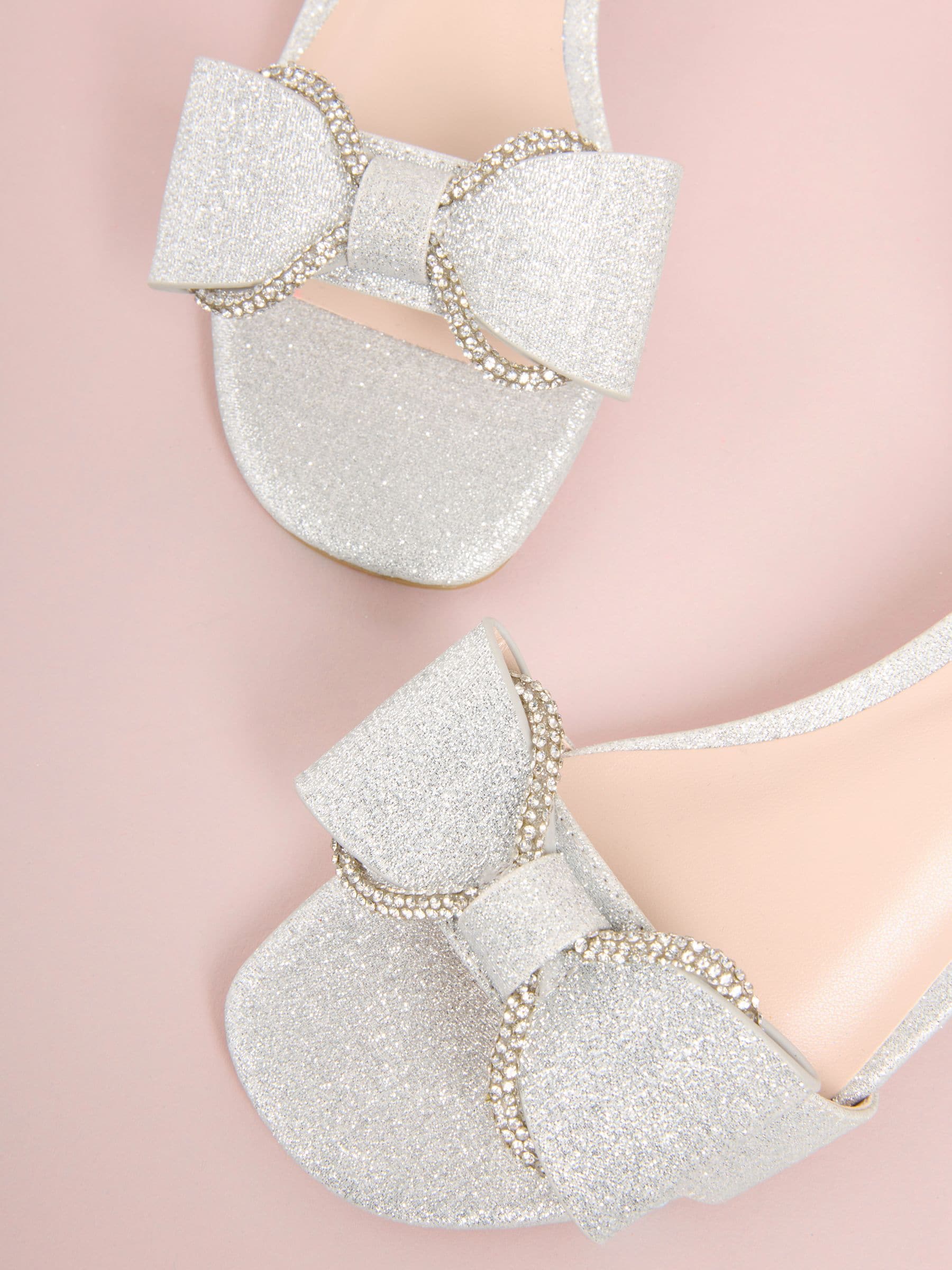 Lipsy Silver Standard Fit (F) Embellished Bow Occasion Flower Girl Block Heeled Sandals image 3