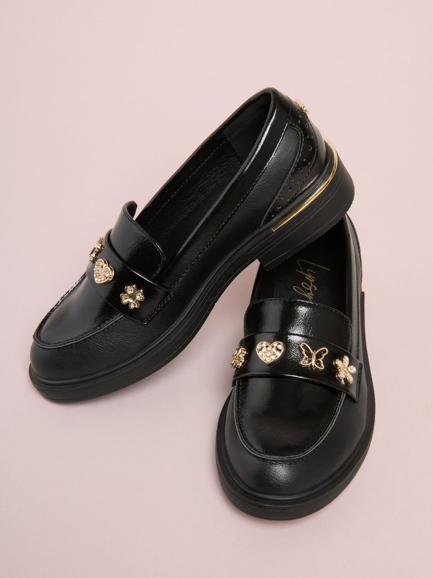 Lipsy Black Patent Butterfly Charm Slip On School Shoe Loafers image 1