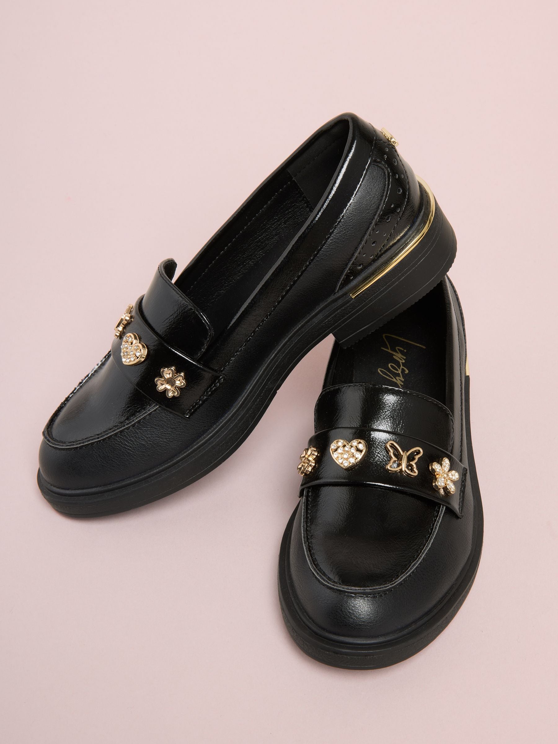 Lipsy Black Patent Butterfly Charm Slip On School Shoe Loafers image 1