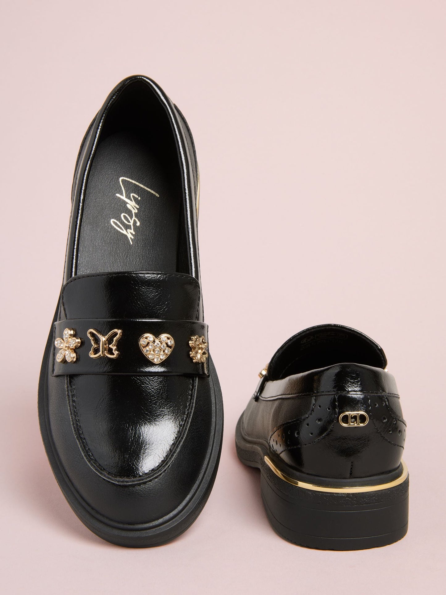 Lipsy Black Patent Butterfly Charm Slip On School Shoe Loafers image 3