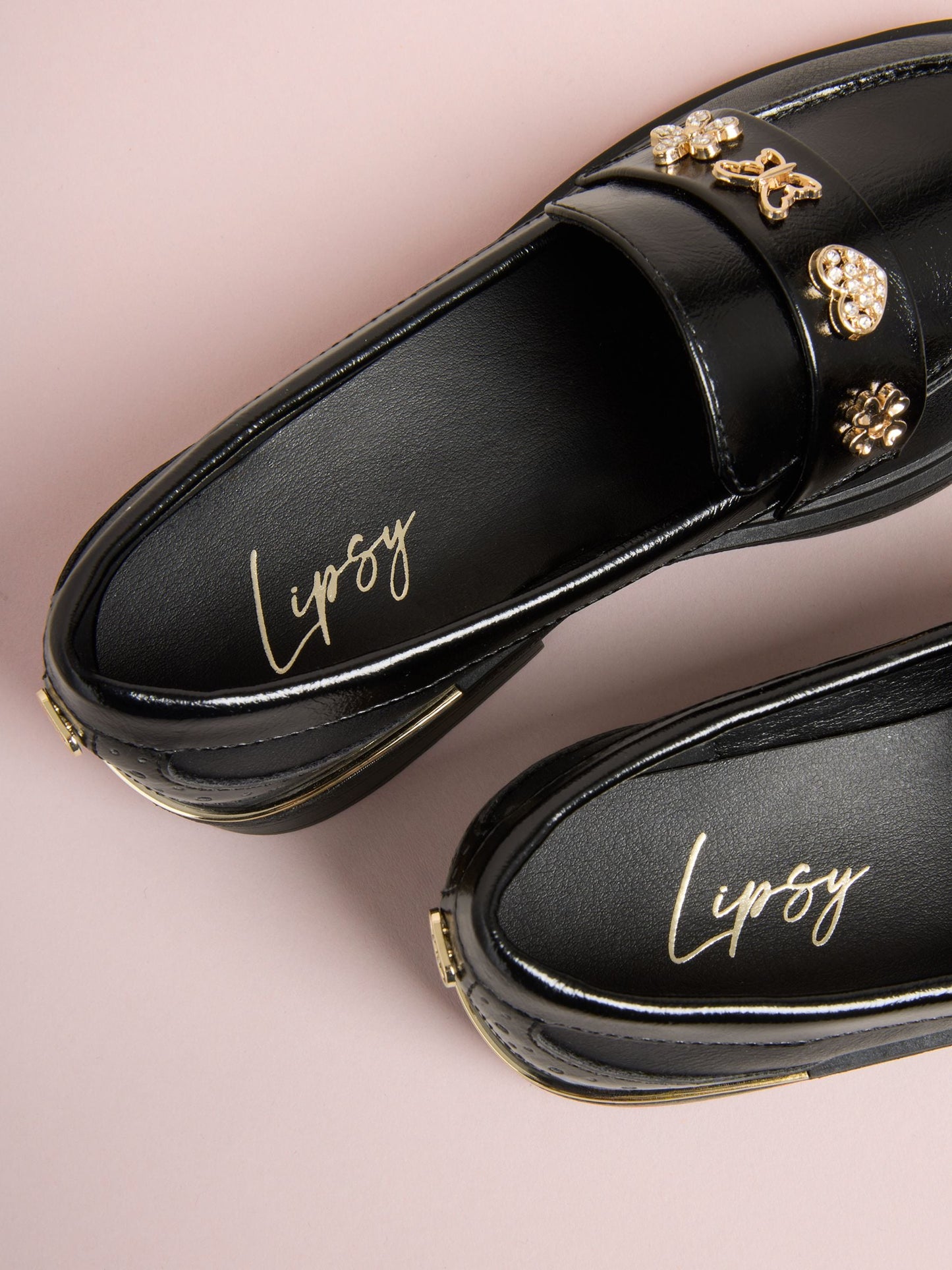 Lipsy Black Patent Butterfly Charm Slip On School Shoe Loafers image 4