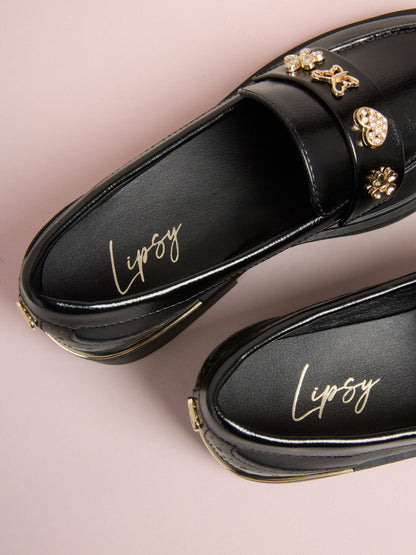Lipsy Black Patent Butterfly Charm Slip On School Shoe Loafers image 4