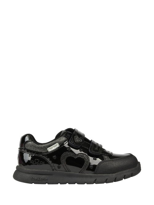 Toezone Black Isla Patent Heart Rip Tape School Shoes image 1