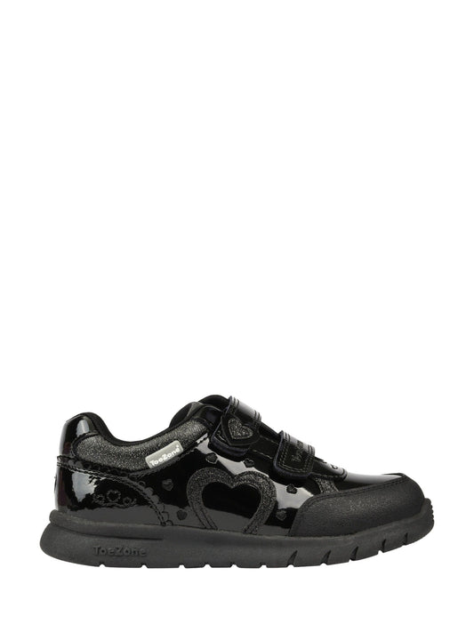 Toezone Black Isla Patent Heart Rip Tape School Shoes image 1