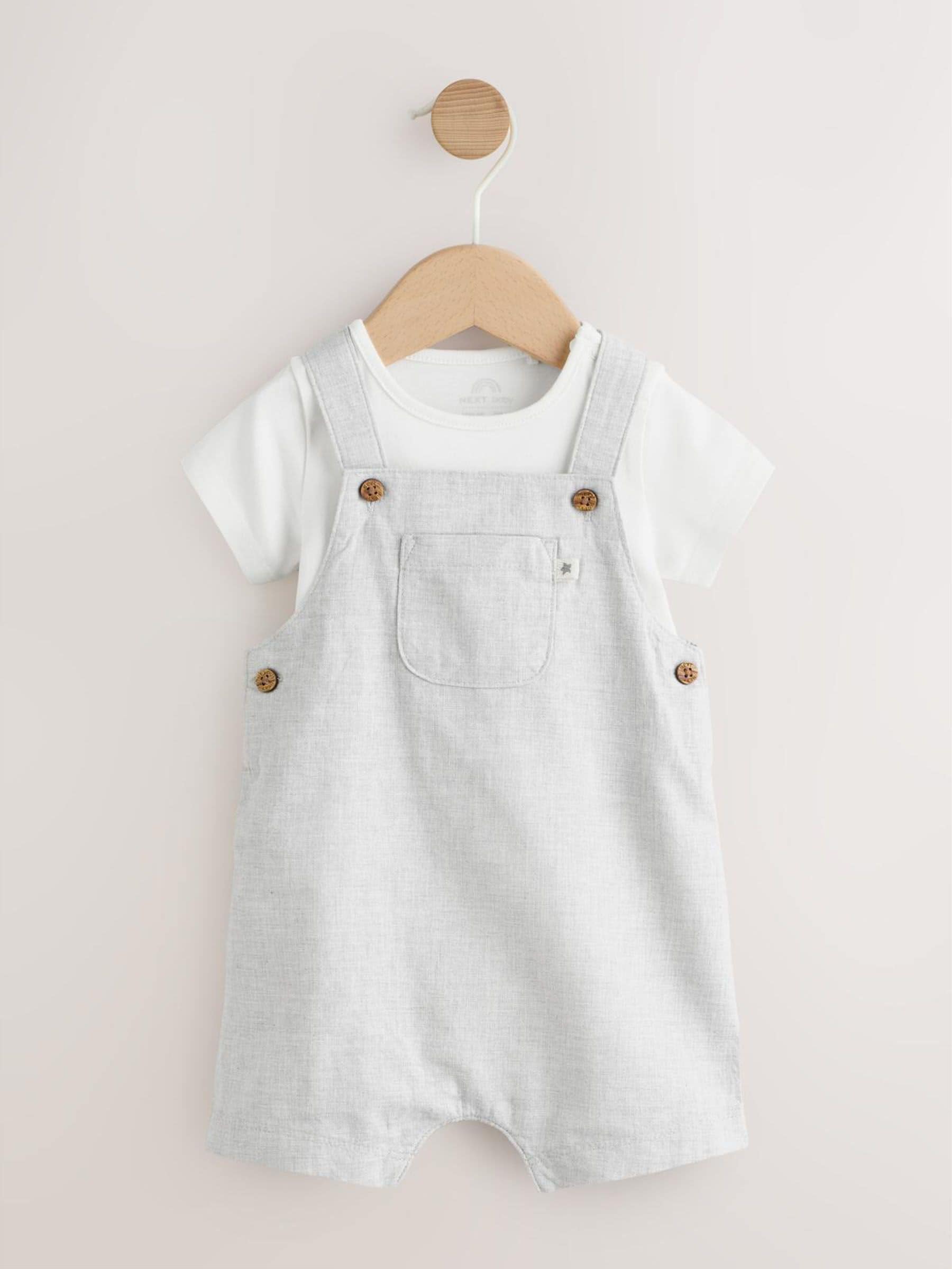 Grey Linen/Cotton Blend Dungaree and Bodysuit Baby Set (0mths-2yrs) image 1