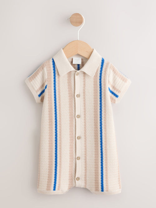 Blue/Neutral Stripe Knitted Baby Romper (0mths-3yrs) image 1
