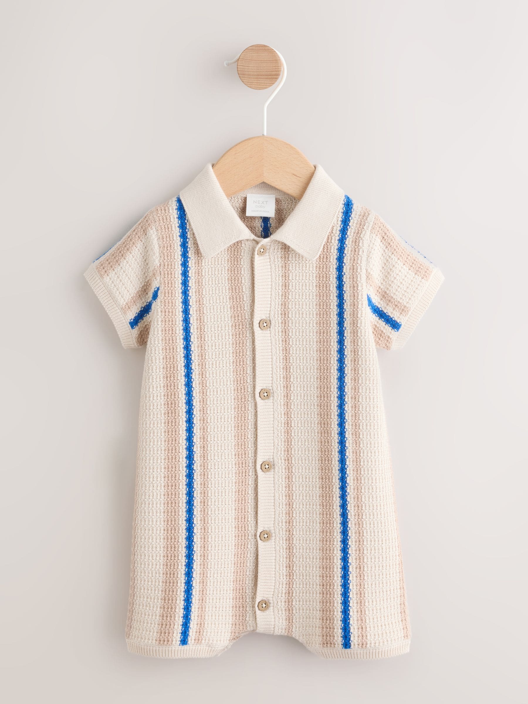 Blue/Neutral Stripe Knitted Baby Romper (0mths-3yrs) image 1