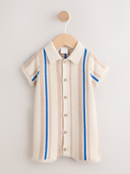 Blue/Neutral Stripe Knitted Baby Romper (0mths-3yrs) image 1