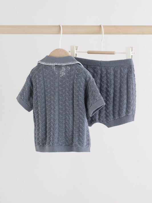 Blue Knitted Top and Shorts Baby Set (0mths-2yrs) image 2