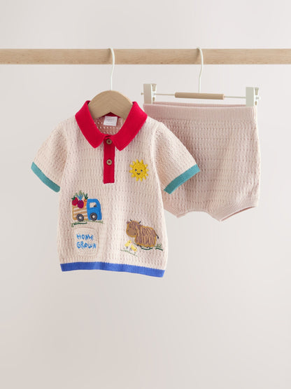 Neutral/Bright Farm Knitted Top and Shorts Baby Set (0mths-2yrs) image 1