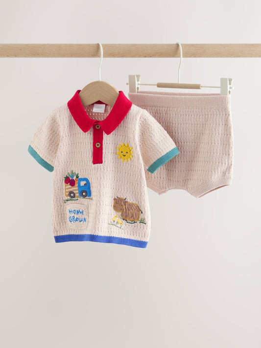 Neutral/Bright Farm Knitted Top and Shorts Baby Set (0mths-2yrs) image 1