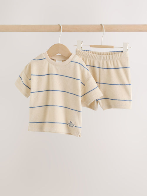 Neutral/Blue Stripe Top and Short Towelling Baby Set (0mths-2yrs) image 1