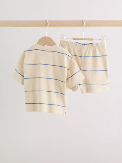 Neutral/Blue Stripe Top and Short Towelling Baby Set (0mths-2yrs) image 2