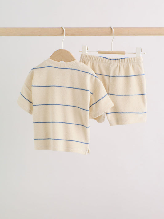 Neutral/Blue Stripe Top and Short Towelling Baby Set (0mths-2yrs) image 2