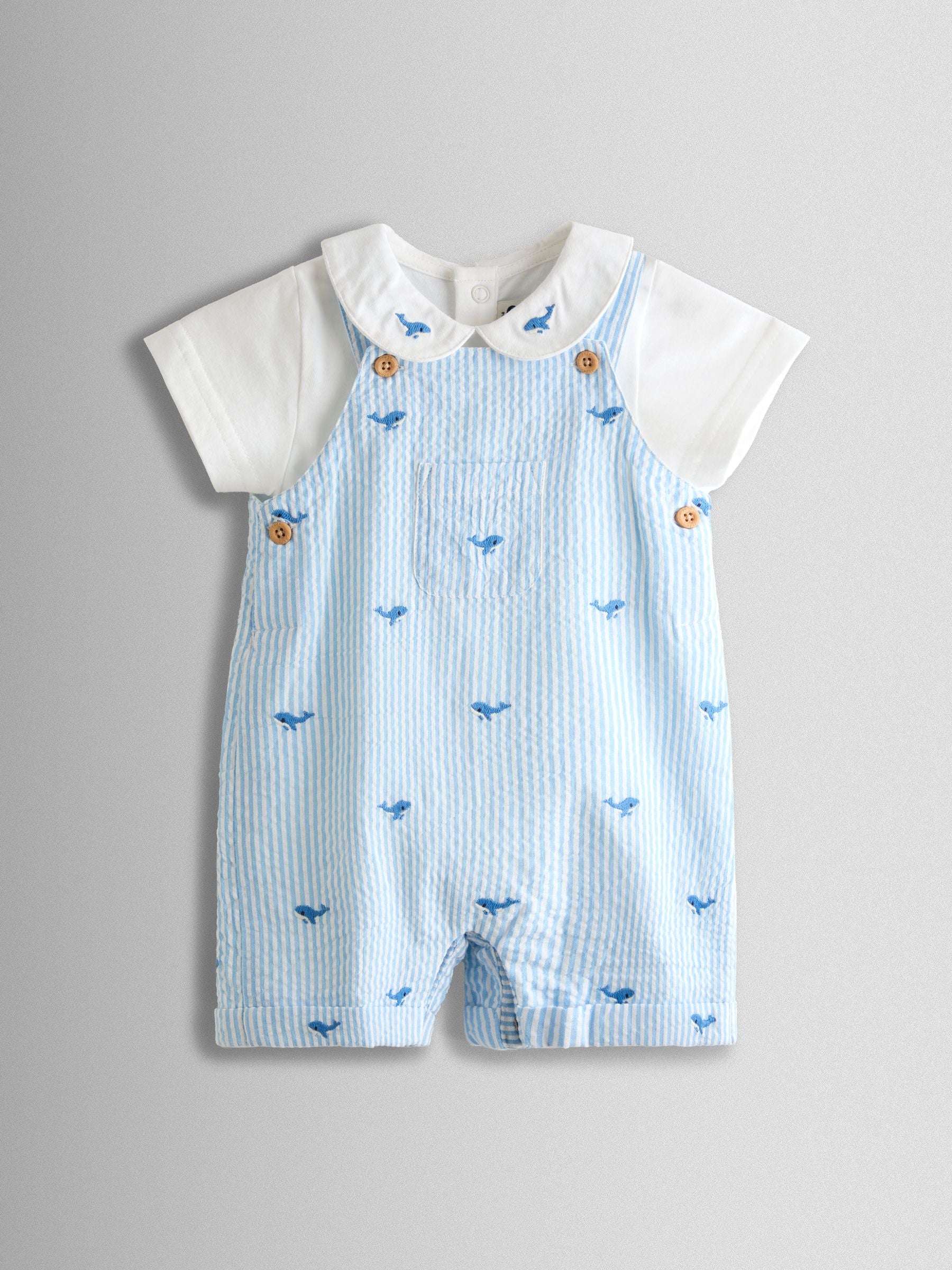 JoJo Maman Bébé Blue Whale Stripe Dungaree & Body Set image 2