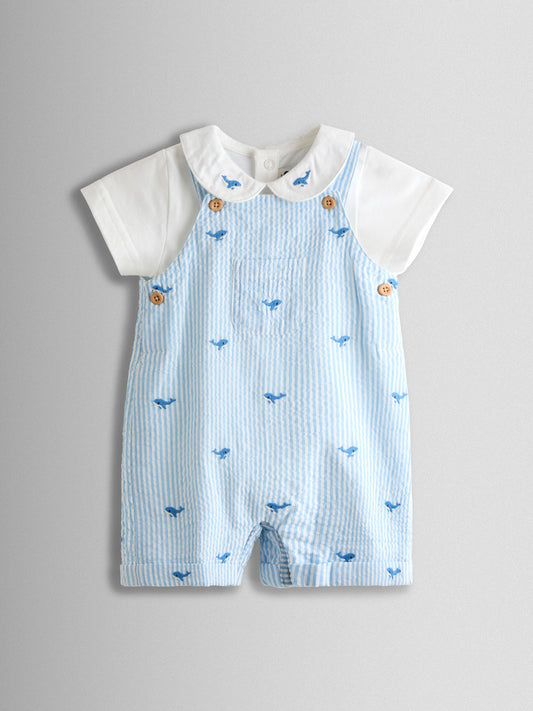 JoJo Maman Bébé Blue Whale Stripe Dungaree & Body Set image 2