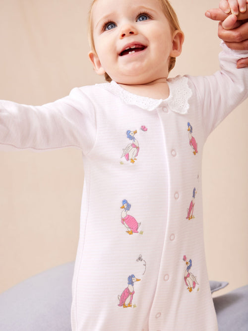 JoJo Maman Bébé Pink Jemima Puddle-Duck Stripe Cotton Footed Embroidered Sleepsuit image 1