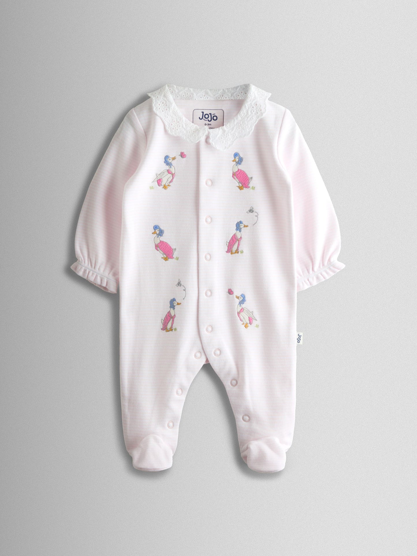 JoJo Maman Bébé Pink Jemima Puddle-Duck Stripe Cotton Footed Embroidered Sleepsuit image 2
