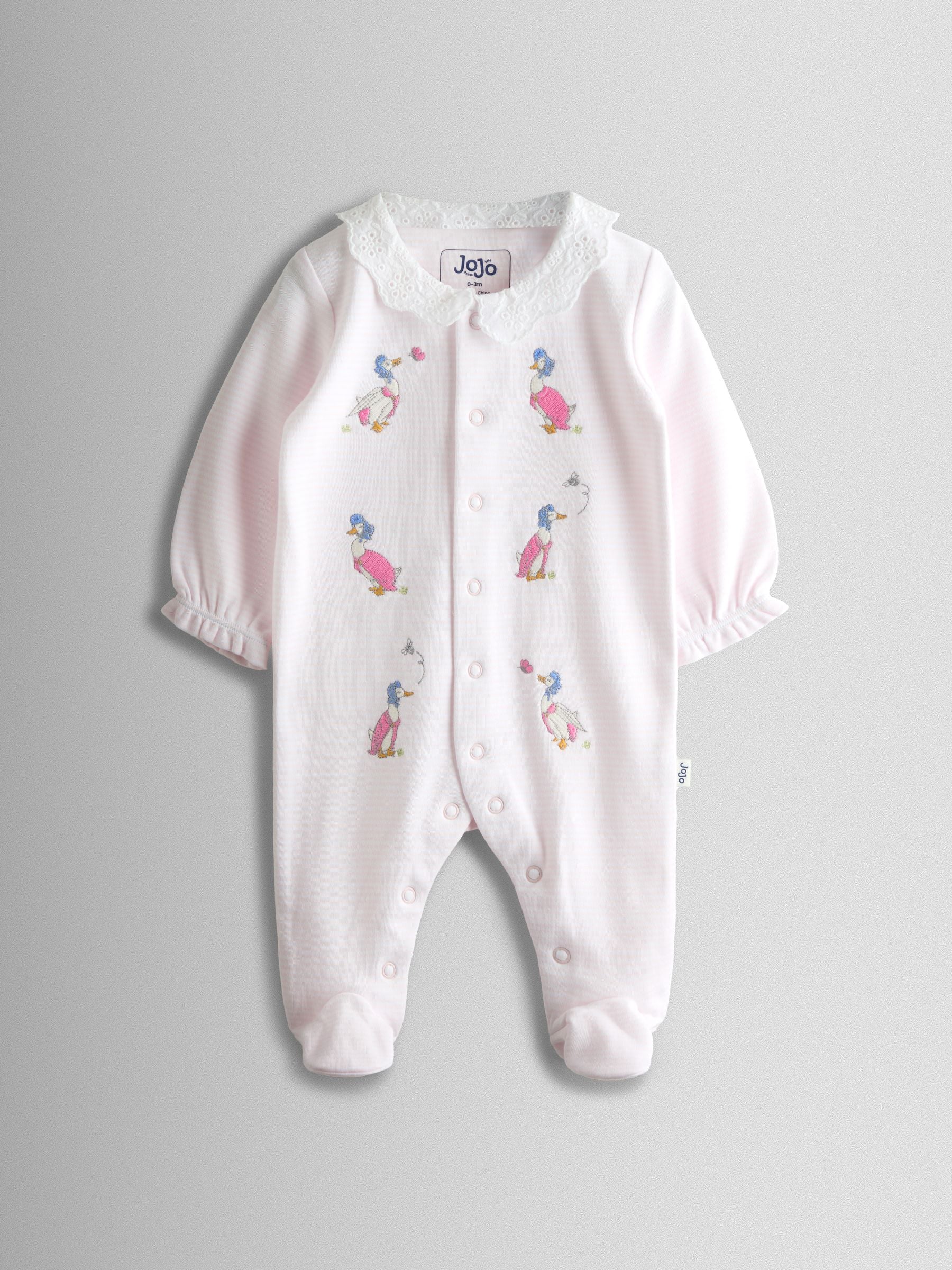 JoJo Maman Bébé Pink Jemima Puddle-Duck Stripe Cotton Footed Embroidered Sleepsuit image 2
