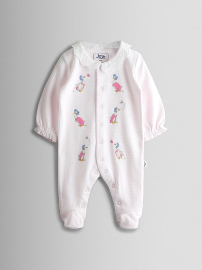 JoJo Maman Bébé Pink Jemima Puddle-Duck Stripe Cotton Footed Embroidered Sleepsuit image 2