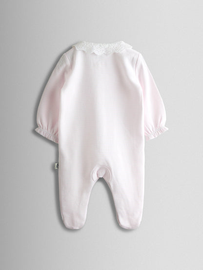 JoJo Maman Bébé Pink Jemima Puddle-Duck Stripe Cotton Footed Embroidered Sleepsuit image 3