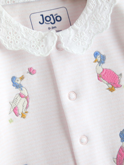 JoJo Maman Bébé Pink Jemima Puddle-Duck Stripe Cotton Footed Embroidered Sleepsuit image 4