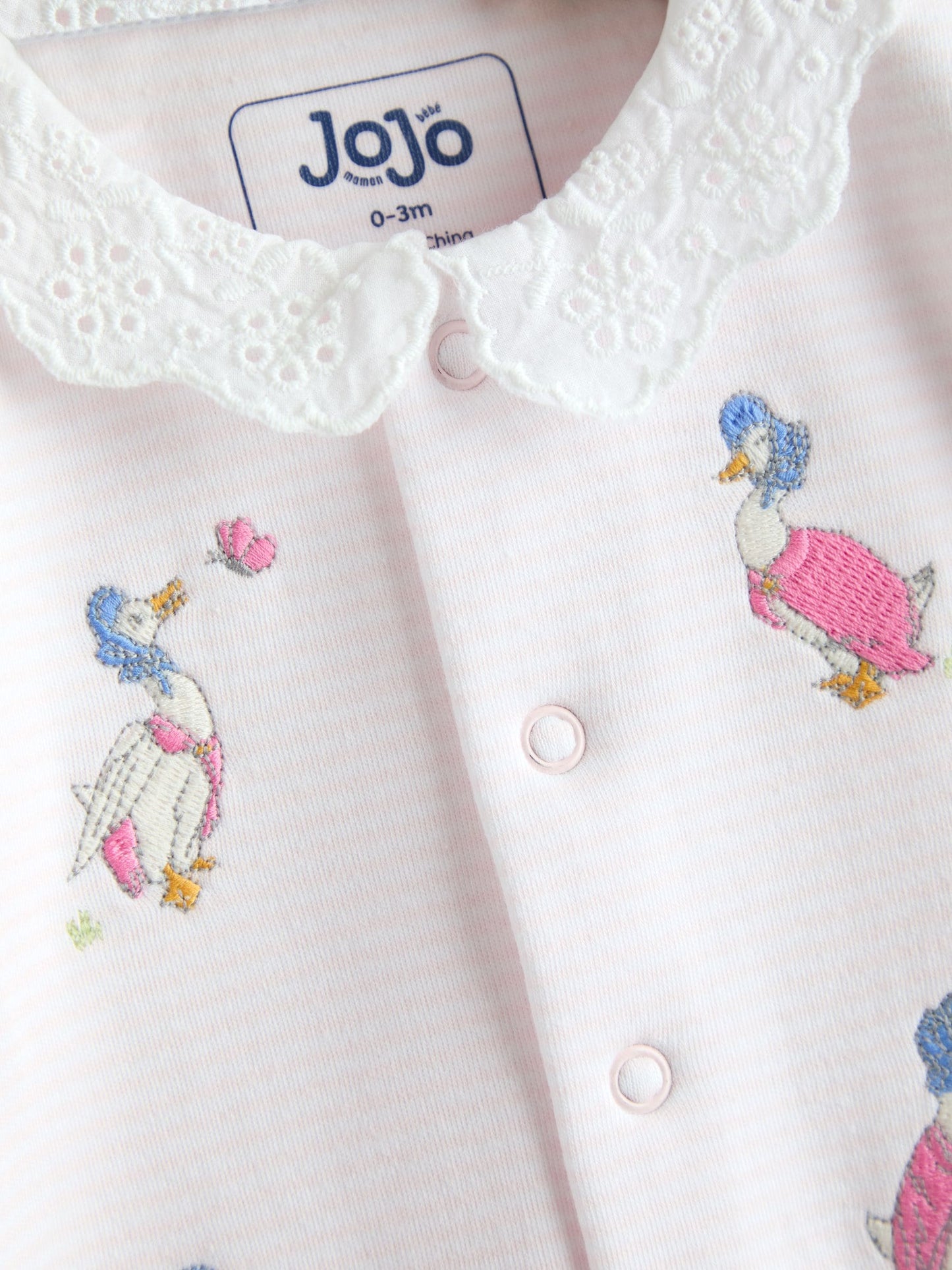 JoJo Maman Bébé Pink Jemima Puddle-Duck Stripe Cotton Footed Embroidered Sleepsuit image 4