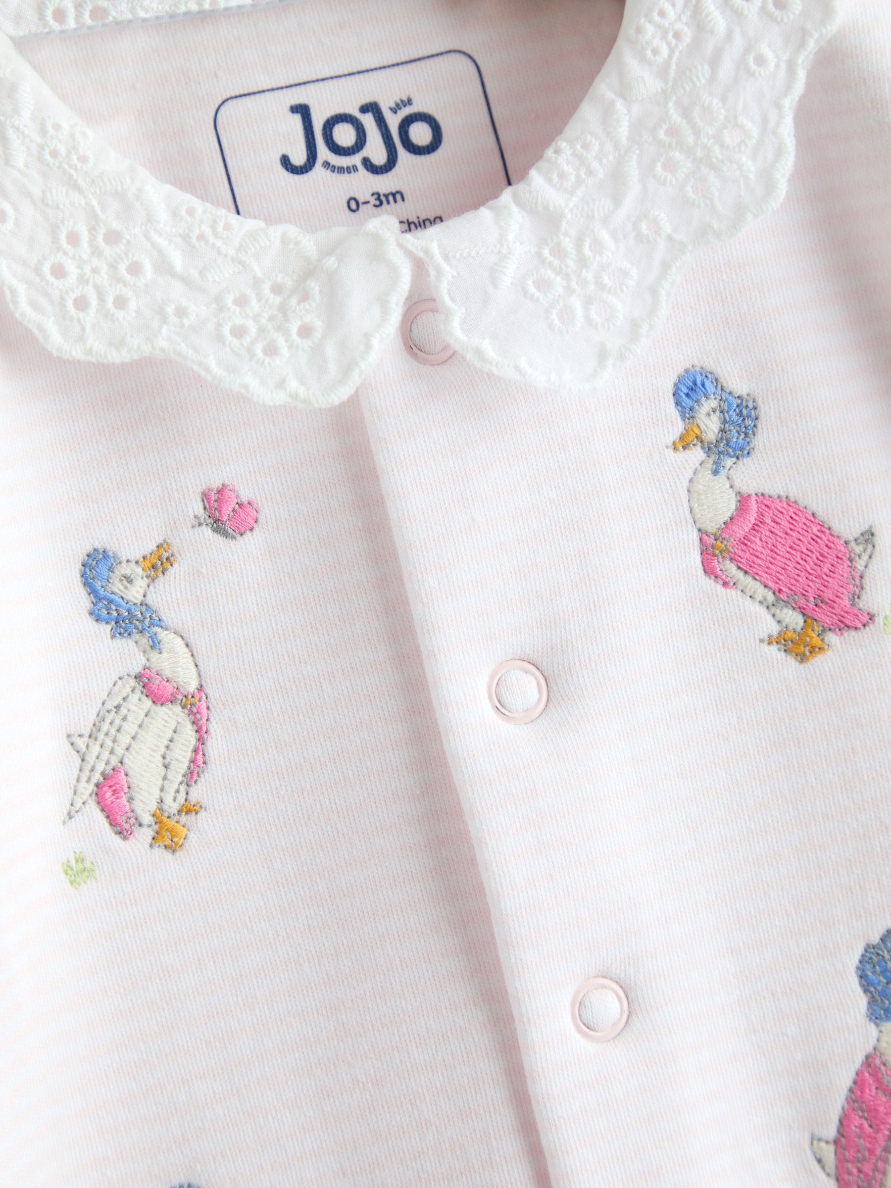 JoJo Maman Bébé Pink Jemima Puddle-Duck Stripe Cotton Footed Embroidered Sleepsuit image 4