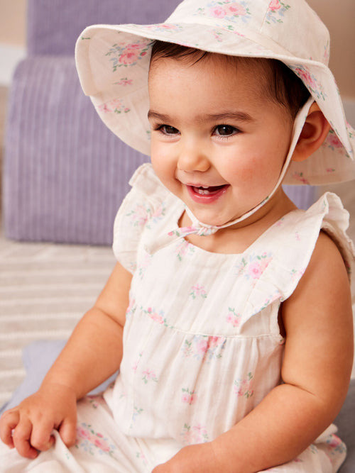 JoJo Maman Bébé Cream Floral Frill Romper & Hat Set image 1